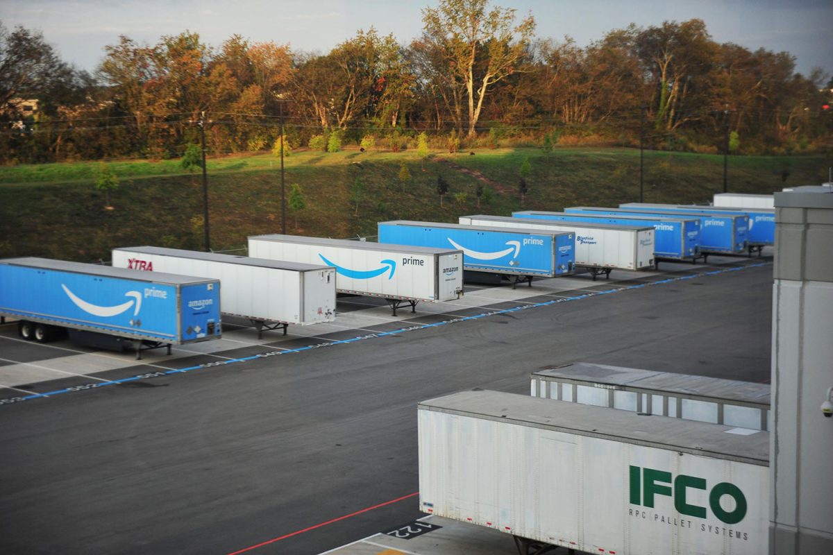 Trucks parked in the ship dock at the new Maryville Amazon facility on Thursday Oct. 5, 2023.