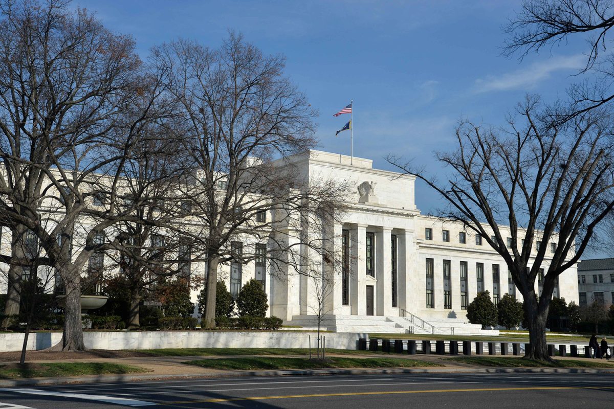 General view of the Marriner S. Eccles Federal Reserve Board Building. The building houses the main offices of the Board of Governors of the Federal Reserve System. It is located at 20th Street and Constitution Avenue, N.W. The federal reserve recently cut interest rates by 50 basis points. 