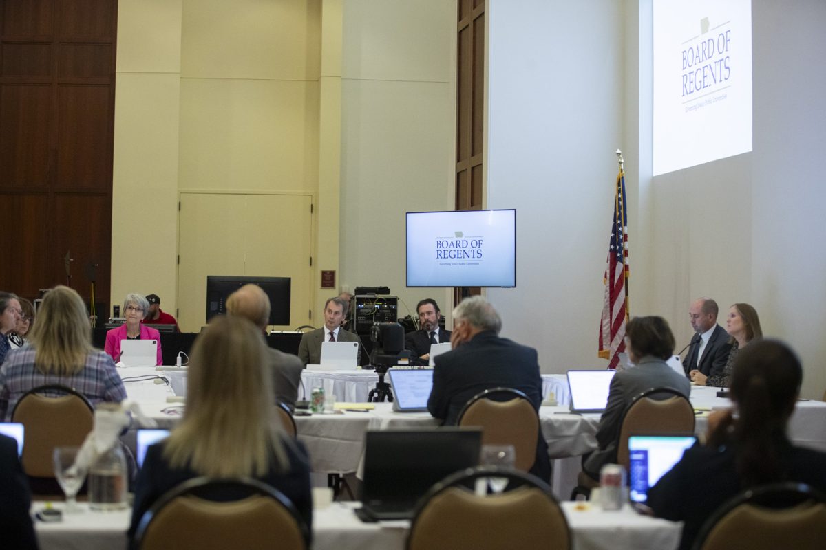 Board of Regents members listen to a free speech training update during a board meeting at the Iowa State Alumni Building in Ames on Wednesday, Sept. 18, 2024.