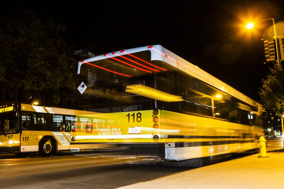 A Cambus passes by the Main Library on Thursday, Sept. 26, 2019. The University of Iowa recently received a grant of $16 million from federal grant funds. 