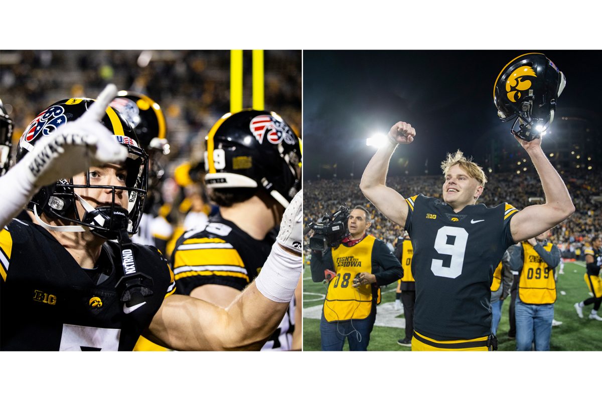 (left) Iowa defensive back Cooper DeJean points to fans after winning a football game between Iowa and Rutgers at Kinnick Stadium on Saturday, Nov. 11, 2023. The Hawkeyes defeated the Scarlet Knights, 22-0. (Grace Smith/ The Daily Iowan) (right) Iowa punter Tory Taylor acknowledges fans after a football game between Iowa and Illinois at Kinnick Stadium in Iowa City on Saturday, Nov. 18, 2023. The Hawkeyes defeated the Fighting Illini 15-13. (Emily Nyberg/The Daily Iowan)