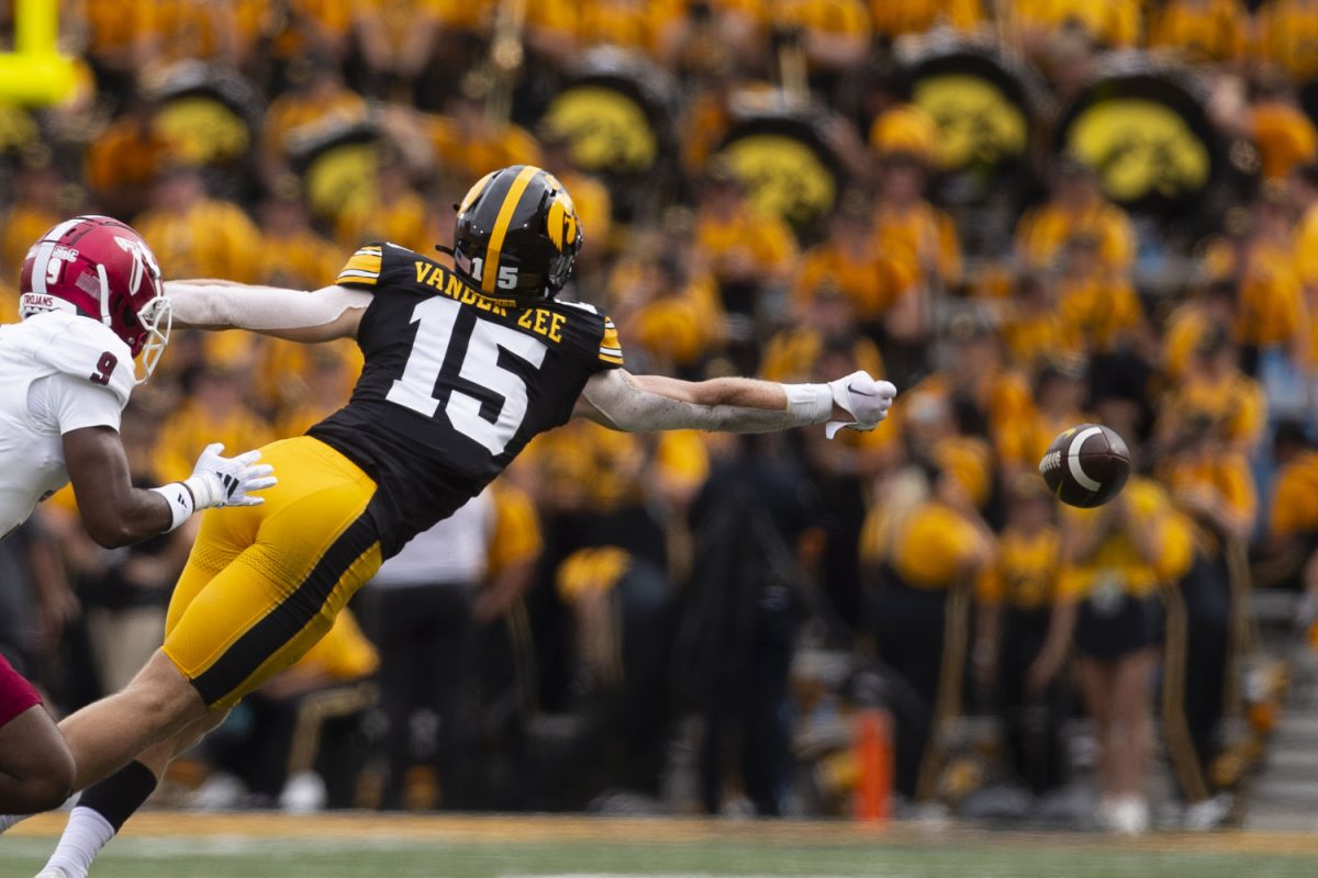 Iowa wide receiver Reece Vander Zee misses a catch during a football game between Iowa and Troy at Kinnick Stadium on Saturday, Sept. 14, 2024. The Hawkeyes defeated the Trojans, 38-21. 