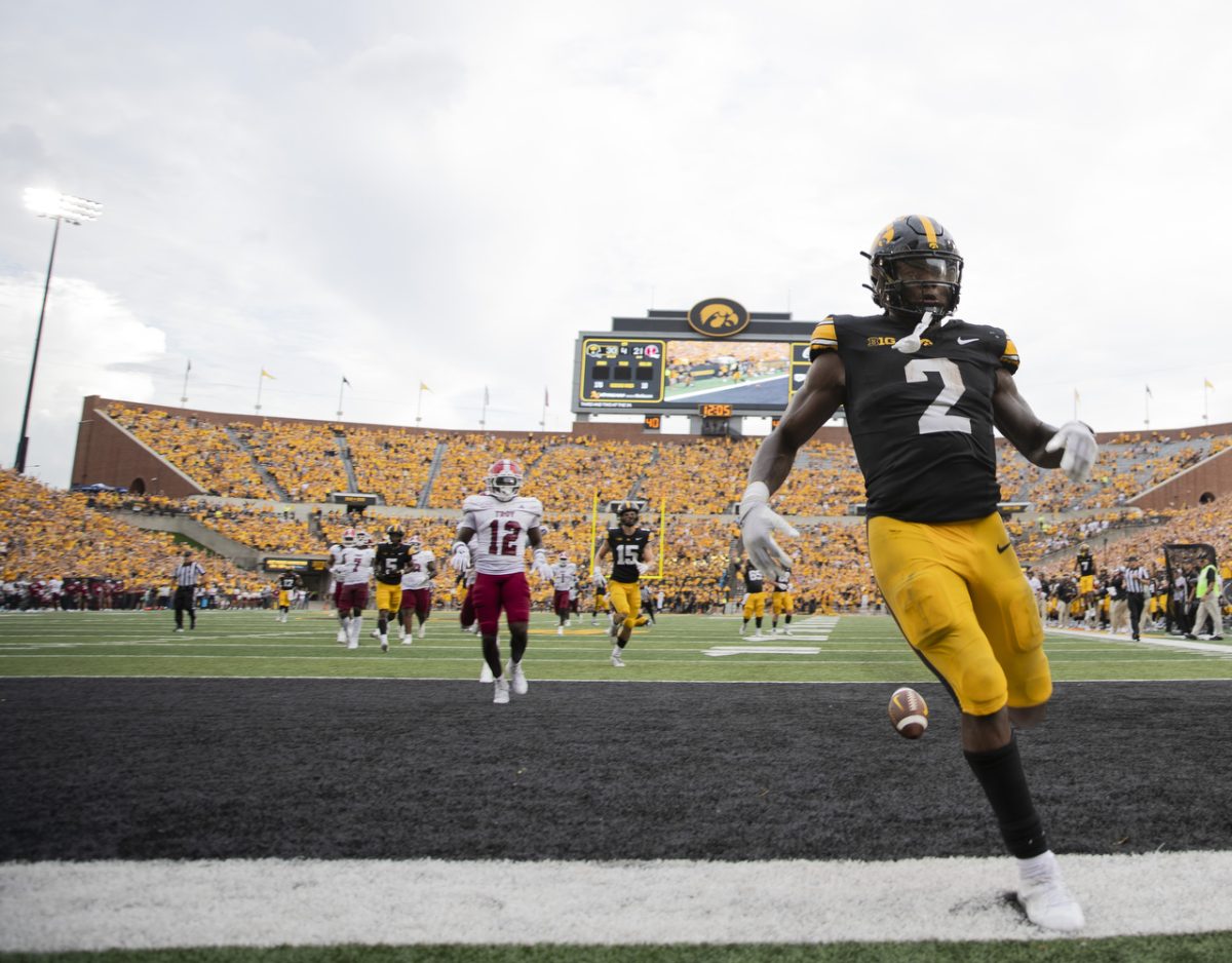 Iowa running back Kaleb Johnson scores a touchdown during a football game between Iowa and Troy at Kinnick Stadium on Saturday, Sept. 14, 2024. The Hawkeyes defeated the Trojans, 38-21. 