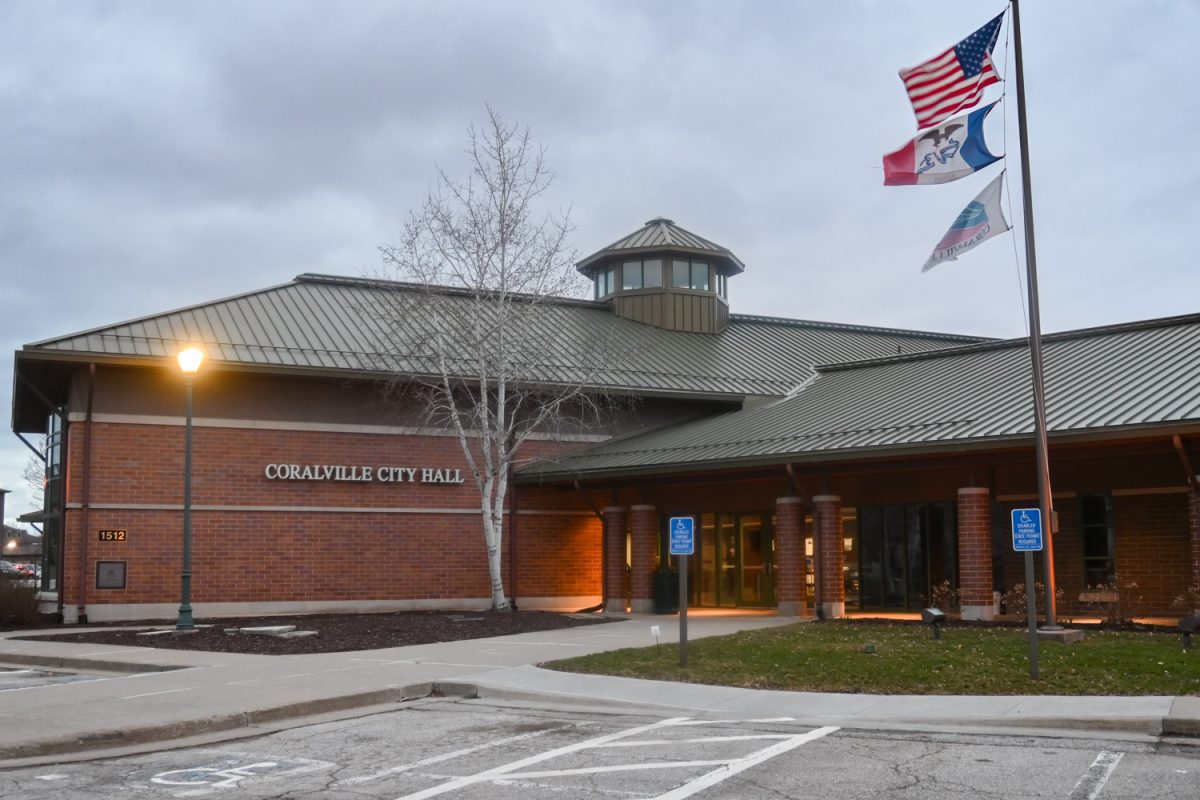 The Coralville City Hall is seen on Wednesday, April 6, 2022. Recently, the city of Coralville made it unlawful to block public sidewalks.