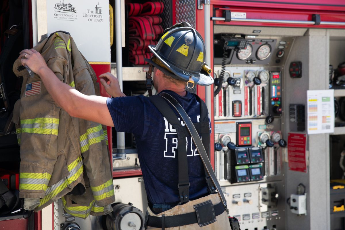 Iowa City firefighters respond to an active fire at the Advanced Technology Lab on the University of Iowa Campus in Iowa City on Friday, Sept. 1, 2023. The Office of the State Fire Marshal has issued an open burn ban across Johnson County due to extremely dry conditions. 