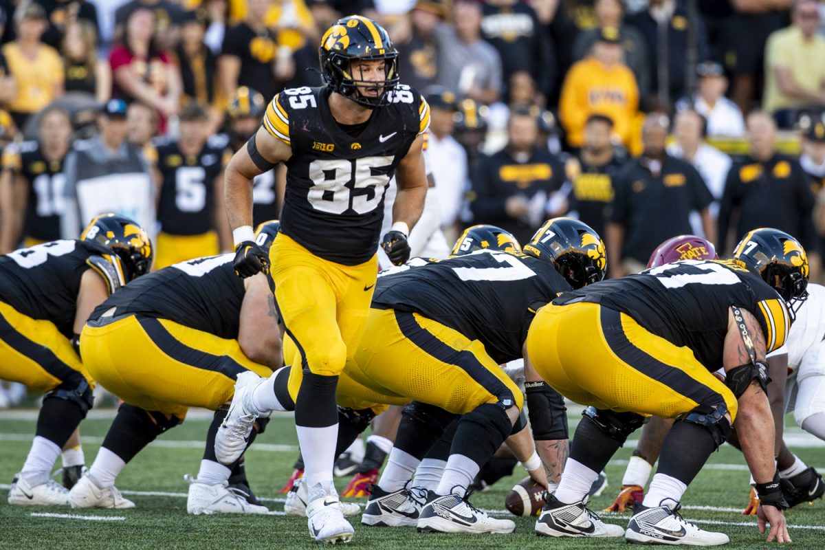 Iowa tight end Luke Lachey prepares for the snap during a Cy-Hawk football game between No. 21 Iowa and Iowa State at Kinnick Stadium on Saturday, Sept. 7, 2024. The Cyclones defeated the Hawkeyes, 20-19. 