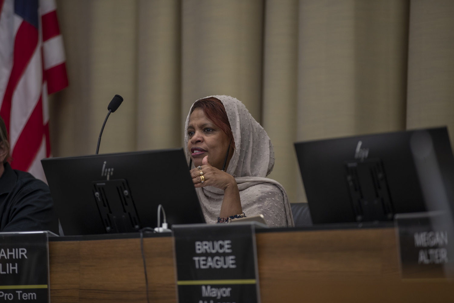 Mayor Pro Tem Mazahir Salih asks a clarifying question about the Burlington Street bridge project during a City Council meeting at the Iowa City City Hall in Iowa City on Sept. 17. Salih expressed worries about a second term under former President Donald Trump and its impacts on immigration.