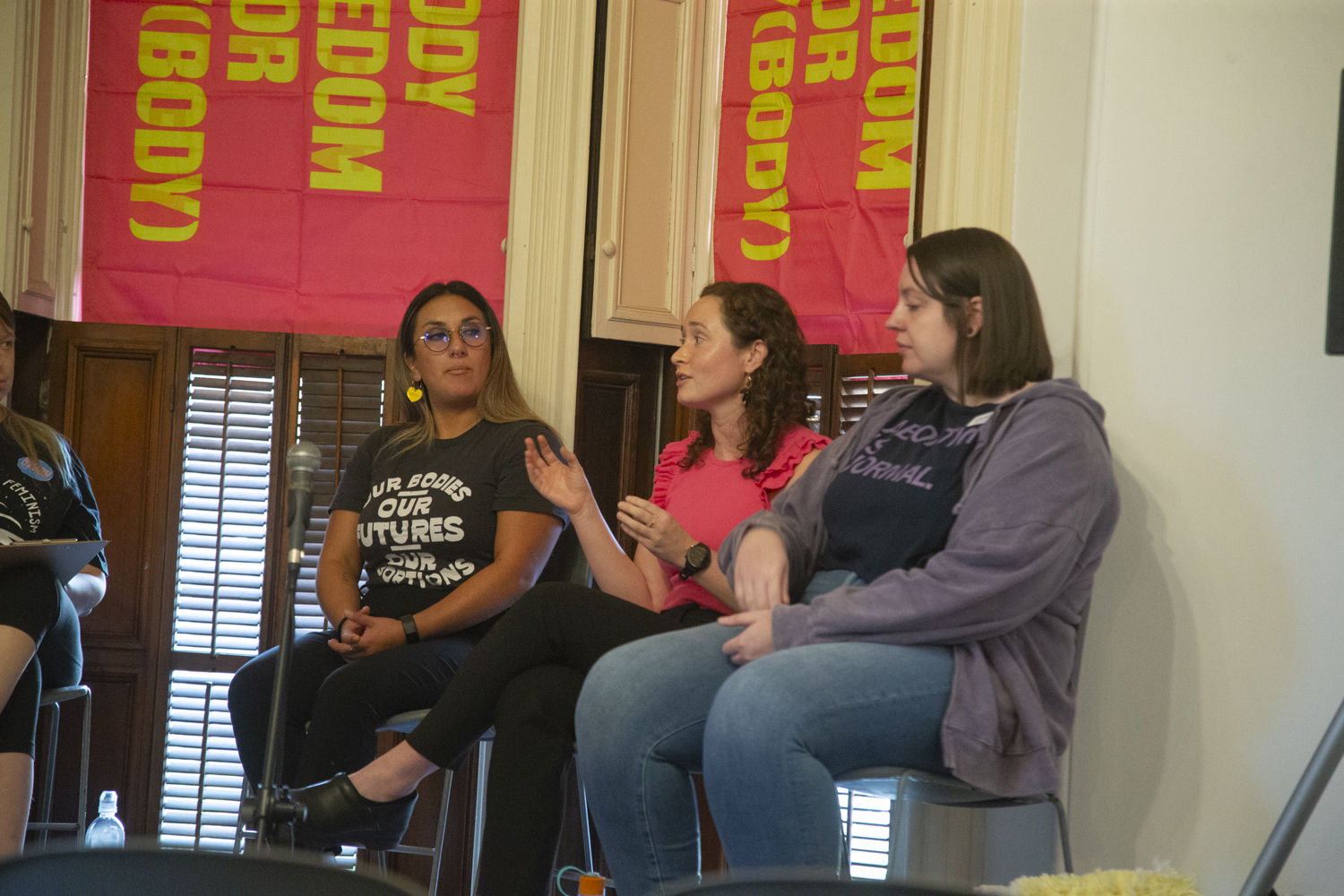 Annie Galloway speaks during a Body Freedom panel accompanying a Body Freedom For Every(Body) art exhibit at Public Space One in
Iowa City on Sept. 18. The art exhibit truck started in Brooklyn and aims to travel across the country sharing intersectional activism in the
form of over 125 artist pieces.