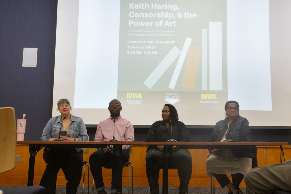 Kimberly Datchuk moderates a panel with Oluwafemi Adeagbo, Laura Cottrell, and Saba Khan Vlach (left to right) during the panel “Keith Haring, Censorship, & the Power of Art” at
the Iowa City Public Library on Sept. 26, 2024. The panelists were involved in education and spoke about the impact of banning books on elementary school students.