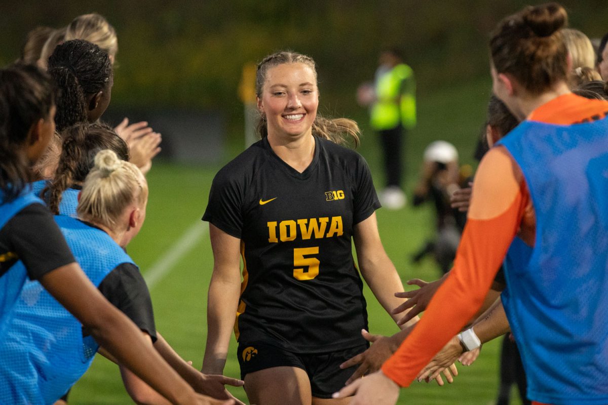 Iowa midfielder Sofia Bush gets introduced before a soccer match between Iowa and Penn State at The University of Iowa Soccer Complex in Iowa City on Thursday, Sept 26, 2024. Bush scored the first of two goals for the Hawkeyes. Iowa defeated Penn State 2-1.