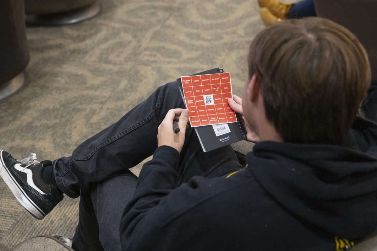 Students watch the Waltz-Vance debate at a Young Americans for Freedom watch party in the IMU on Tuesday, Oct. 1, 2024. Many students participated in a bingo game during the watch party with prompts like ‘Abortion’ and ‘Our troops.’