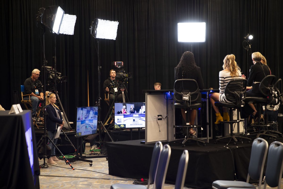 Big Ten Network host Kylen Mills interviews Jan Jensen, Lucy Olsen, and Hannah Stuelke during the Big Ten Women’s Basketball Media Days at the Donald E. Stephens Convention Center in Rosemont, Illinois on Wednesday, Oct. 2, 2024. Podium interview sessions began after a short break and featured two players from each team and their coach.