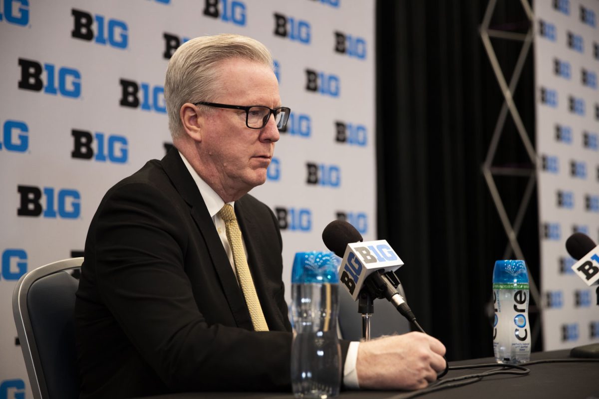 Iowa Head Coach Fran McCaffery listens to a question during breakout podium interviews at the Big Ten Men’s Basketball Media Days in the Donald E. Stephens Convention Center in Rosemont, Illinois on Oct. 3. Podium interviews alternated between the coaches and two players from each team, lasting throughout the afternoon.