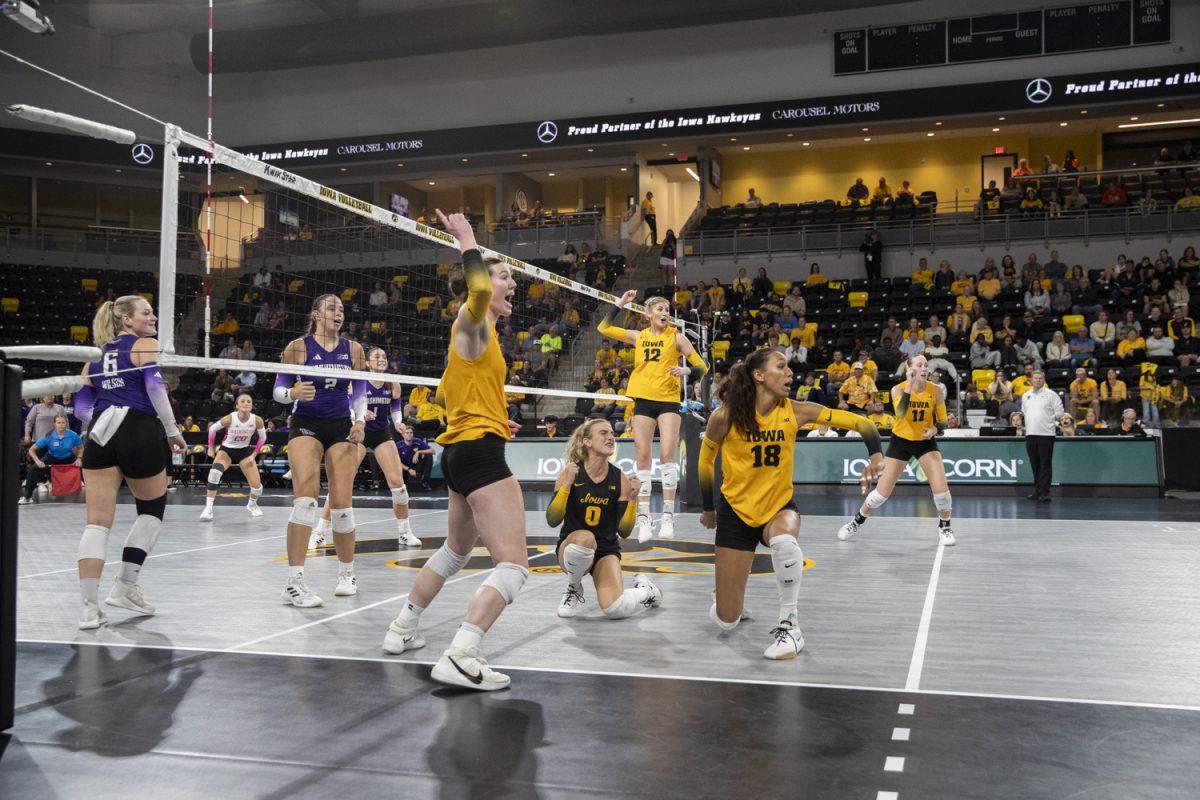 during a volleyball game between No. 25 Washington and Iowa at Xtream Arena in Coralville on Saturday, Oct. 5, 2024. The Huskies defeated the Hawkeyes, 3-0.