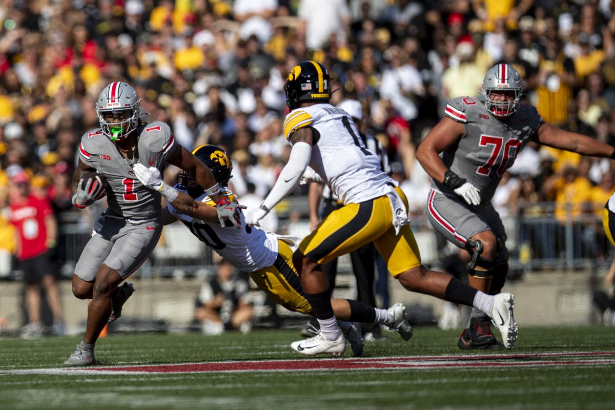 Ohio State running back Quinshon Judkins carries the ball during a football game between No. 3 Ohio State and Iowa at Ohio stadium in Columbus on Saturday, Oct. 4, 2024. The Buckeyes lead the Hawkeyes, 7-0. 