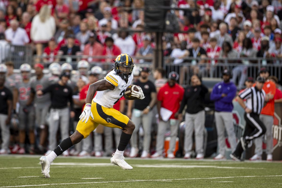 Iowa running back Kaleb Johnson carries the ball during a football game between No. 3 Ohio State and Iowa at Ohio Stadium in Columbus on Saturday, Oct. 4, 2024. Johnson rushed for 86 yards and had one touchdown. The Buckeyes defeated the Hawkeyes 35-7.