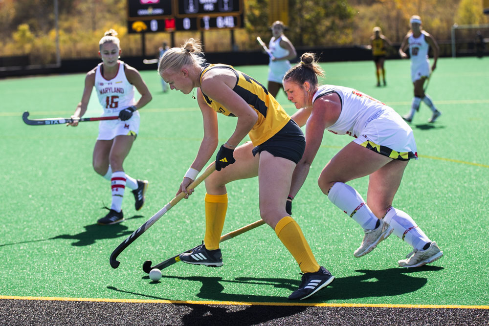 Iowa midfielder Dionne van Aalsum moves the ball toward Marylands goal during a field hockey game between No. 10 Iowa and No. 5 Maryland at Grant Field in Iowa City on Sunday, Oct. 6, 2024. The Terrapins defeated the Hawkeyes 5-0.