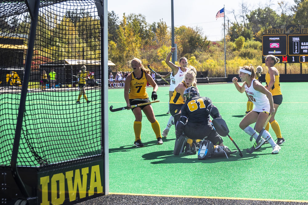 Maryland scores on Iowa goalie Mia Magnotta during a field hockey game between No. 10 Iowa and No. 5 Maryland at Grant Field in Iowa City on Sunday, Oct. 6, 2024. The Terrapins defeated the Hawkeyes 5-0.