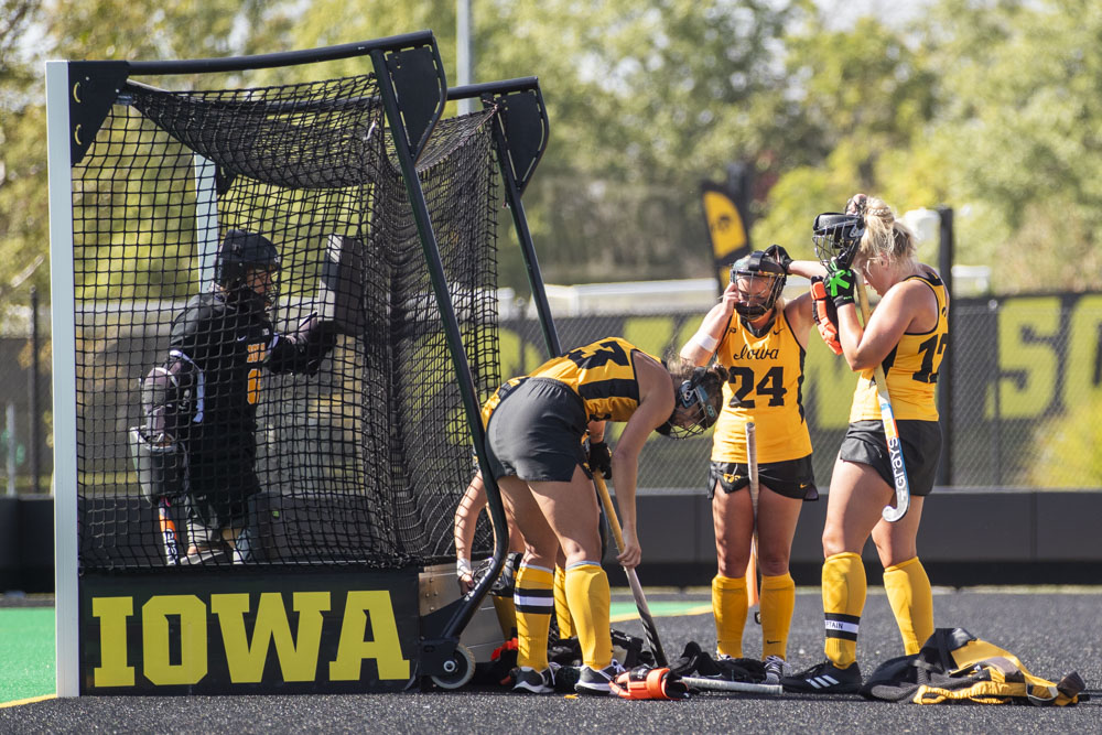 Iowa players get ready for a penalty during a field hockey game between No. 10 Iowa and No. 5 Maryland at Grant Field in Iowa City on Oct. 6. The Terrapins defeated the Hawkeyes 5-0.