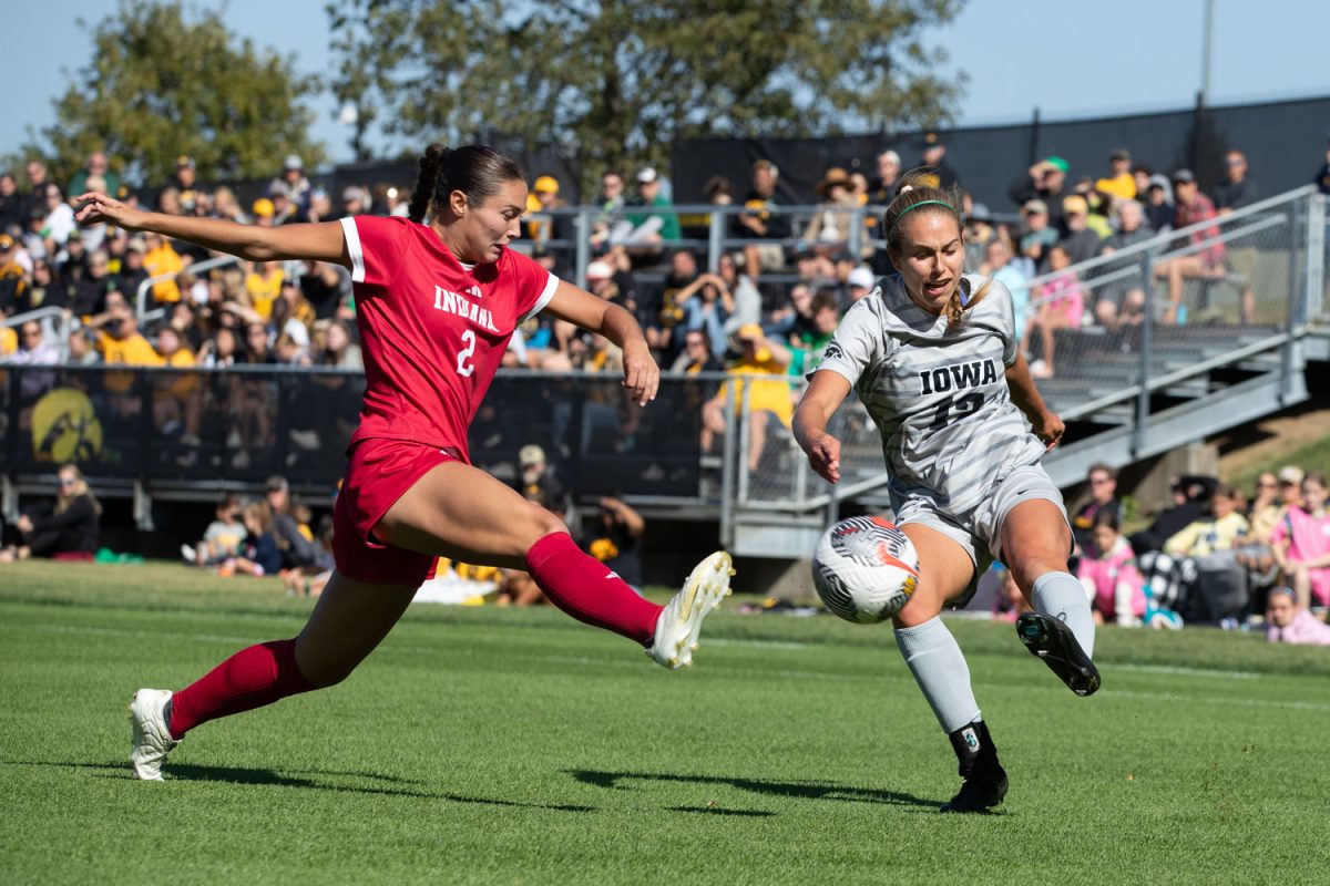 Iowa Defender Lauren Geczik passes the ball past a defender during an Iowa Soccer match at the University of Iowa Soccer Complex on Sunday, Oct. 6, 2024 in Iowa City. The Hawkeyes defeated the Hoosiers 1-0.