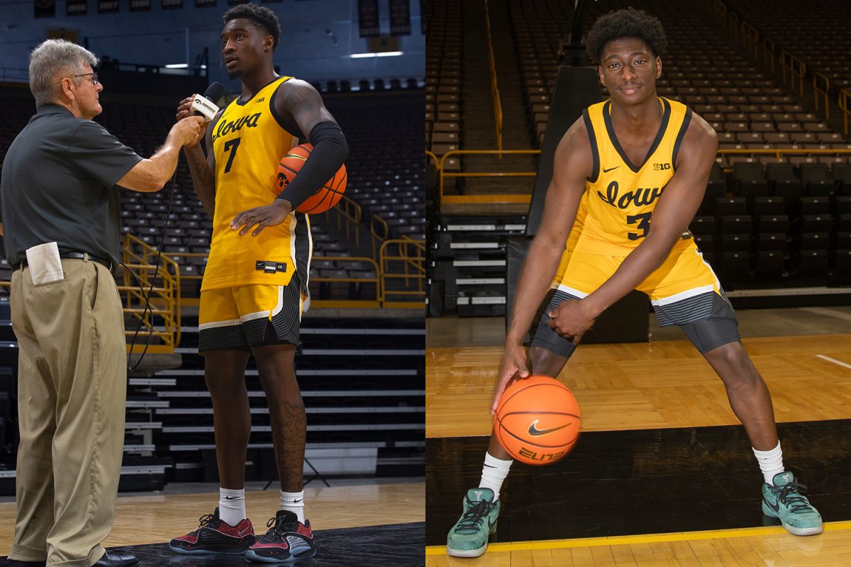 (Left) Iowa forward Seydou Traore is interviewed during the Iowa men’s basketball media day at Carver-Hawkeye Arena in Iowa City on Monday, Oct. 7, 2024. (Right) Iowa guard Drew Thelwell poses for a portrait during the Iowa men’s basketball media day at Carver-Hawkeye Arena in Iowa City on Monday, Oct. 7, 2024. The team took interviews from the media and held an open practice.