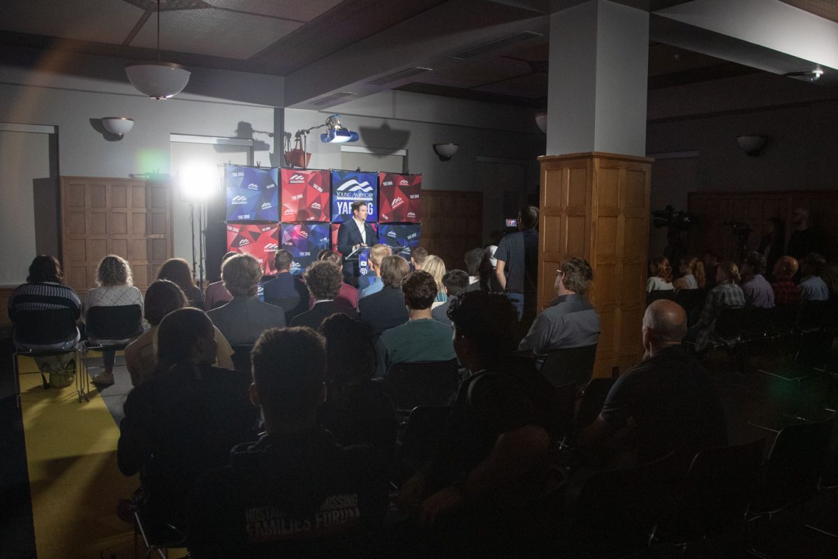 Ian Haworth speaks during the Young Americans for Freedom sponsored event in the Iowa Memorial Union’s North Room on Monday, Oct. 7, 2024. Haworth is a conservative writer and podcast host.