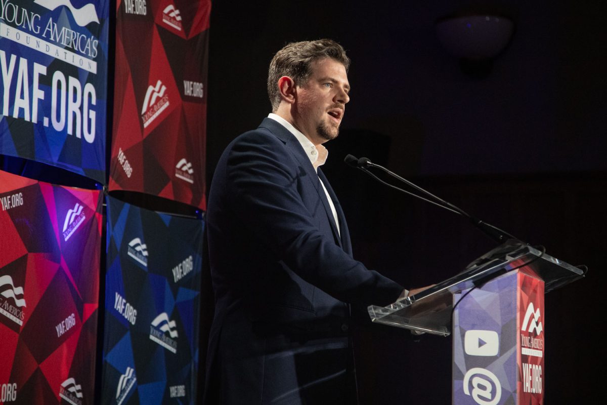 Ian Haworth speaks during the Young Americans for Freedom sponsored event in the Iowa Memorial Union’s North Room on Monday, Oct. 7, 2024. Haworth is a conservative writer and podcast host.