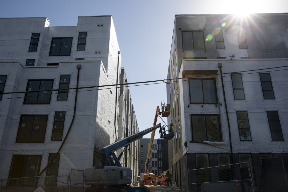 Replay Iowa City apartments are seen under construction on Tuesday, Oct. 8. 2024. The luxury apartments will include access to a plethora of amenities, including a 24-hour fitness center, a resort-style pool and spa, a zen hammock garden, an outdoor fire pit, and an outdoor Jumbotron.