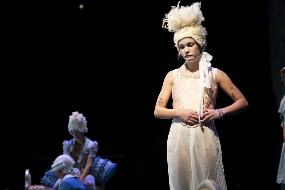 Marie Antoinette played by Alice Conroy contemplates the state of France during a dress rehearsal of Marie Antoinette inside the David Thayer Theatre at the University of Iowa Theatre Building on Oct. 9. Marie Antoinette is written by David Adjmi and directed by Mary Beth Easley.