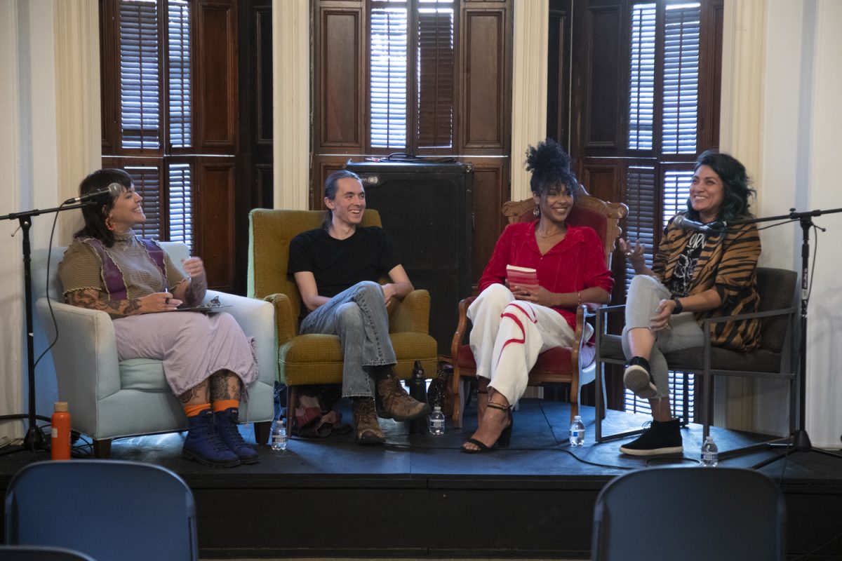 Guest speakers (left to right) Kaelen Novak, Arianna Hawkins, and Alicia Velasquez laugh during Englert Theatre’s “Panel Series” panel at Public Space One on Thursday, Oct. 10. The Englert Theatre invited guest speakers to talk about the fashion industry and local designers' experiences.