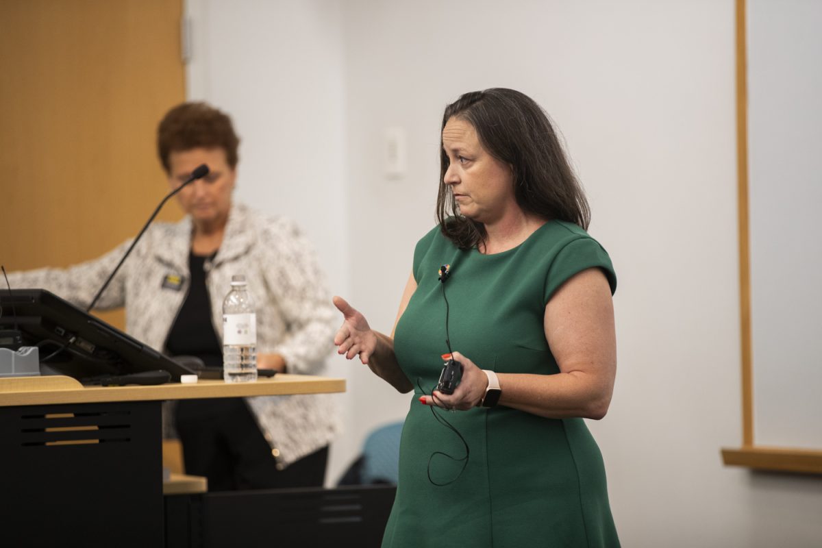 Belinda Sturm speaks during an open forum with faculty, students, and staff inside the Urmila Sahai Seminar Room in the Medical Education Research Facility on Thursday, Oct. 10, 2024. Sturm is one of two final candidates for the position of University of Iowa vice president for research.