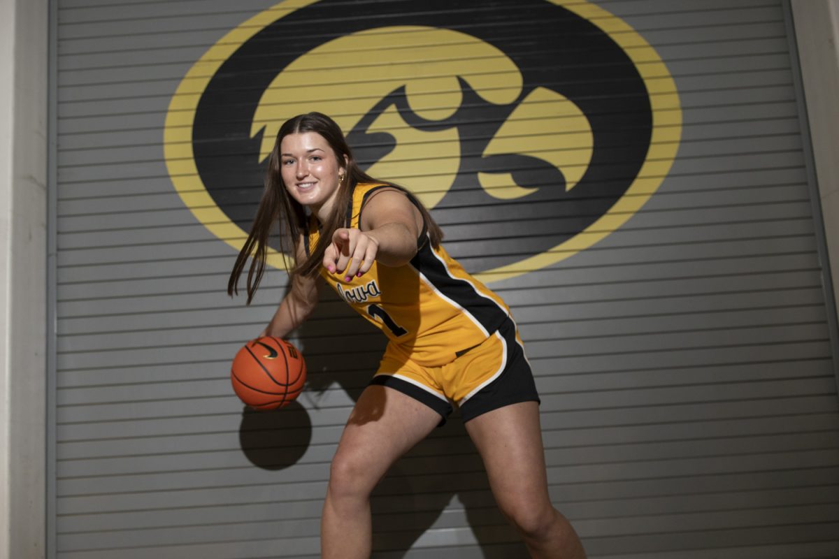 Iowa guard Taylor Stremlow poses for a portrait during Iowa women’s basketball media day at Carver-Hawkeye Arena in Iowa City on Thursday, Oct. 10, 2024. The players took photos and answered questions from the media.