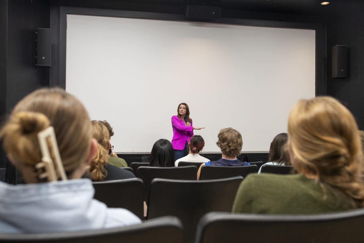 Christina Bohannan speaks to a student rally in the Iowa Memorial Union’s Big Ten Theater on Friday, Oct 11, 2024. Bohannan is running for Congress, and held a Q&amp;A where she discussed reproductive rights, funding for education, and sustainable solutions for Iowa farmers.