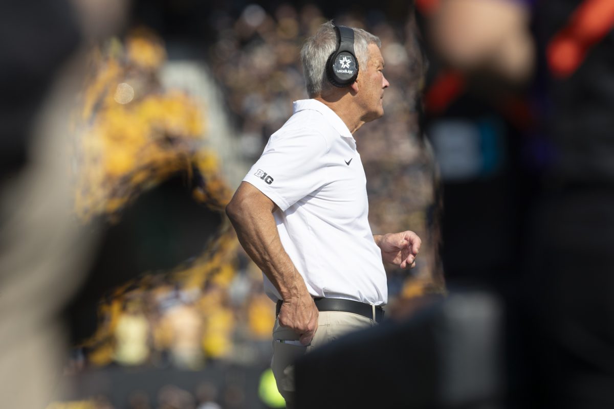 Iowa head coach Kirk Ferentz walks along the sidelines during a football game between Washington and Iowa at Kinnick Stadium in Iowa City on Saturday, Oct. 12, 2024. The Hawkeyes defeated the Huskies 40-16. (Emma Calabro/The Daily Iowan)
