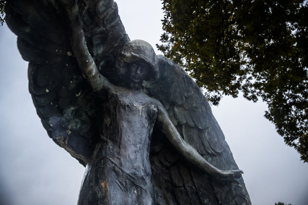 The Black Angel is seen in Oakland Cemetary in Iowa City on Oct. 1. The angel has been at the cemetary since 1913.