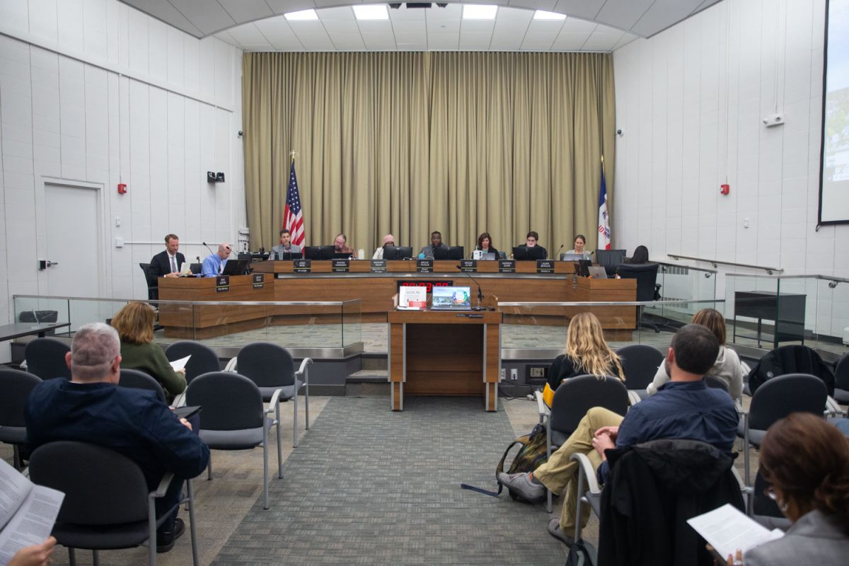 Community members and City Council members gather during a meeting at City Hall in Iowa City on Tuesday, Oct. 15, 2024. The City Council meets on the first and last Tuesday of every month.