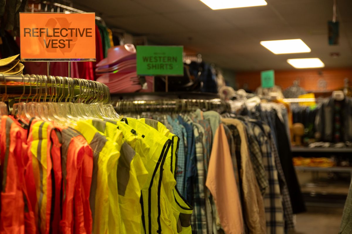 Racks of recycled clothing that can be used for Halloween costumes are seen at Rag-stock in Iowa City on Oct. 15, 2024. Many of the items in the store have been for sale for several years.