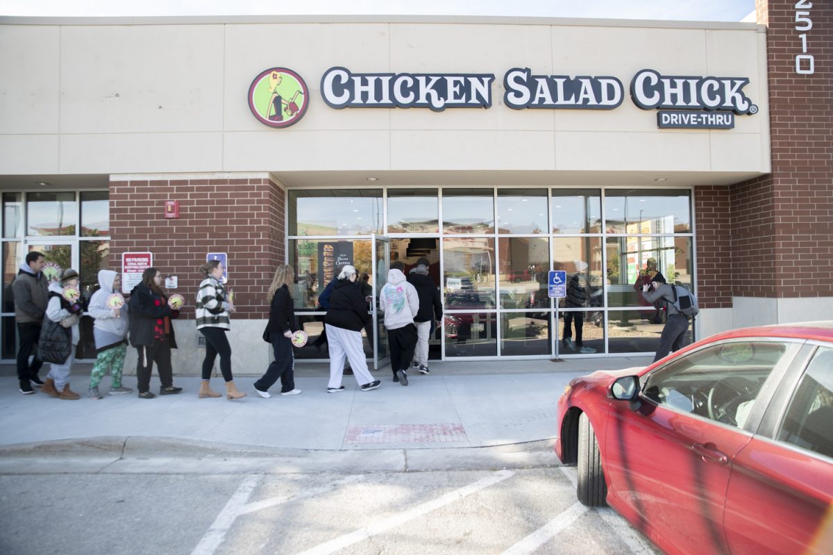 Customers enter Chicken Salad Chick during its opening on Corridor Way in Coralville, Iowa on Wednesday, Oct. 16, 2024. Chicken Salad Chick is a chain restaurant that serves 13 different types of Chicken Salad.