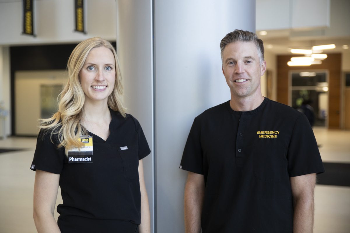 Anne Zepeski and Brett Faine pose for a portrait inside the College of Pharmacy building on Wednesday, Oct. 16, 2024. Zepeski is a clinical assistant professor of emergency medicine and pharmacy, and Faine is a clinical associate professor of emergency medicine and pharmacy.