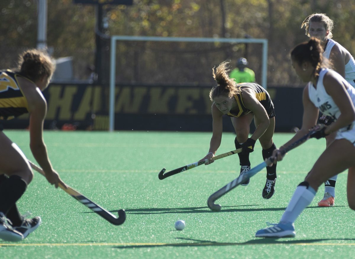 Iowa midfielder Sabrina McGroarty attempts to get the ball during a game between the no. 17 Iowa Hawkeyes and the UC Davis Aggie at Grant Field in Iowa City on Friday, Oct. 18, 2024. The Hawkeyes defeated the Aggies, 5-0.