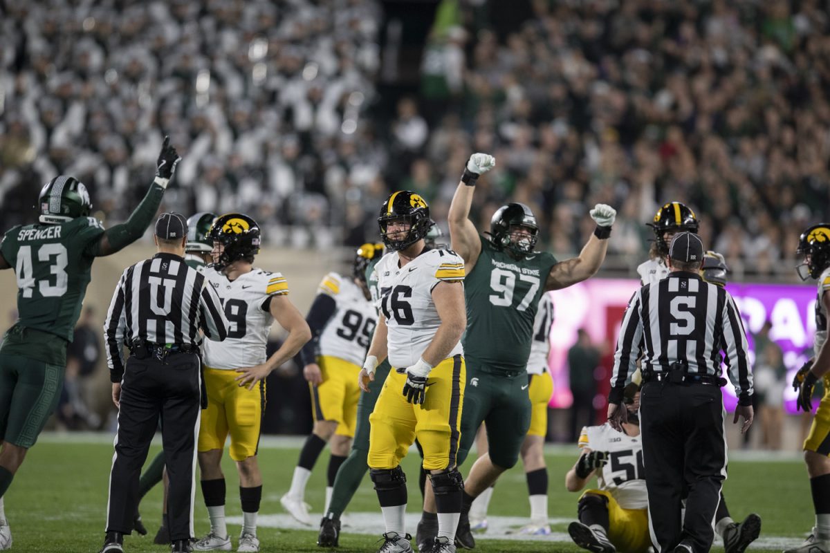 Iowa offensive lineman Tyler Elsbury reacts after a missed field goal by Iowa during a game between the Iowa and Michigan State at Spartan Stadium in East Lansing, Mich., on Saturday, Oct. 19, 2024.