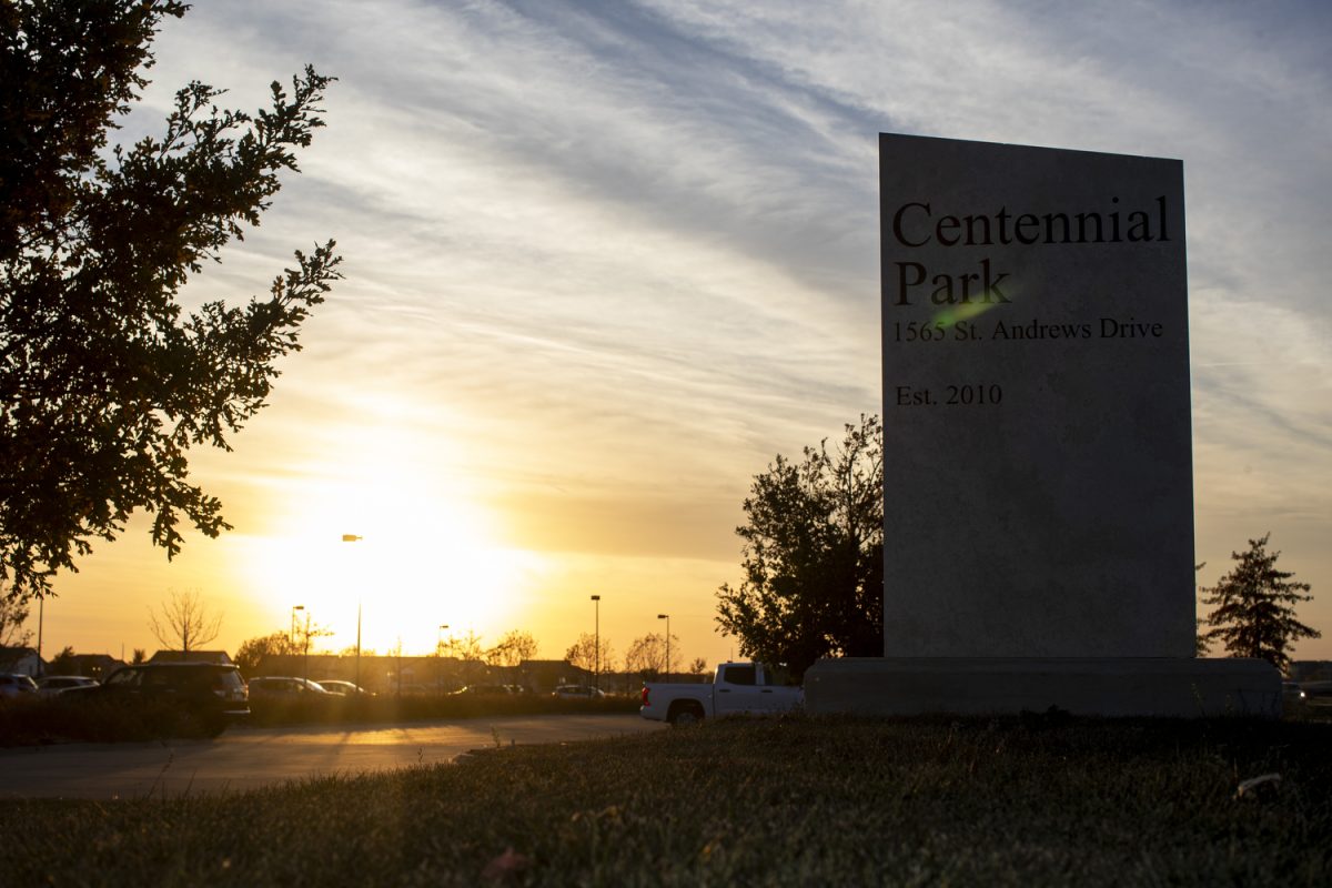 A Centennial Park sign is seen at Centennial Park in North Liberty, Iowa, on Monday, Oct. 21, 2024. A fundraiser was held at the park in an effort to reach its fundraising goal of $3.5 million for renovations.