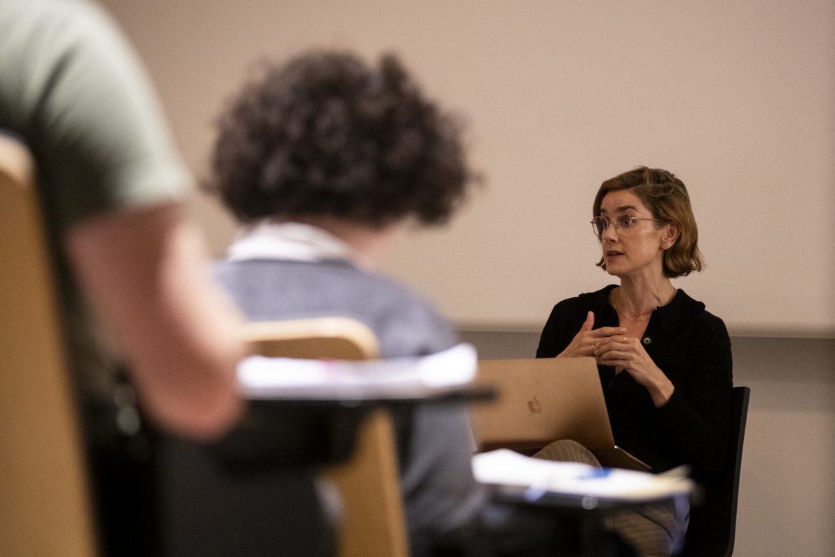 Gina Welch, television writer and showrunner, teaches a class at the Art Building West on Thursday, Oct. 24, 2024. Welch screened her miniseries ‘Clipped’ and discussed building a television series with the students.