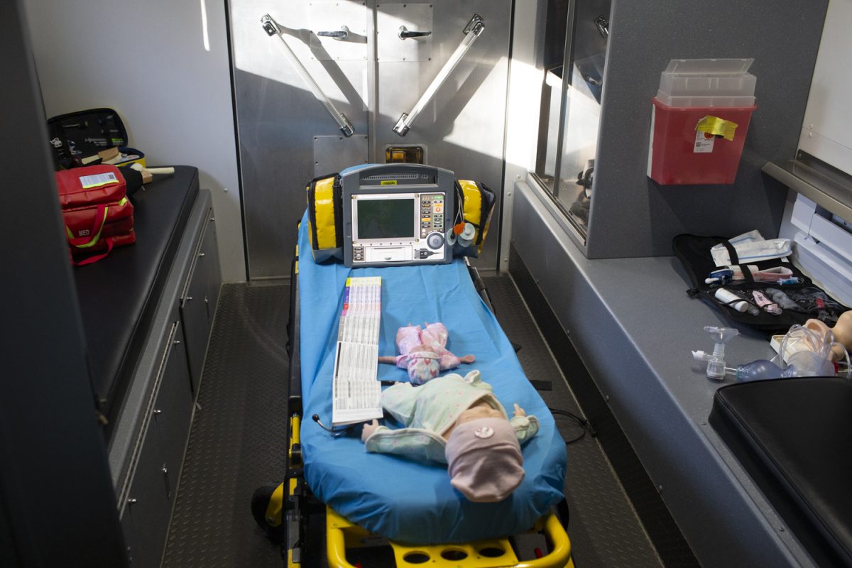 A simulation is seen during the Motion-Iowa Simulation at the College of Nursing tailgate in Iowa City on Friday, Oct. 25.