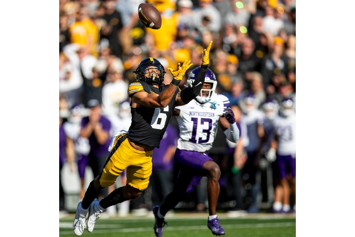 Iowa wide receiver Seth Anderson prepares to catch the ball during a football game between Iowa and Northwestern at Kinnick Stadium on Saturday, Oct. 26, 2024. Following the first half the Hawkeyes lead the Wildcats, 12-7. 