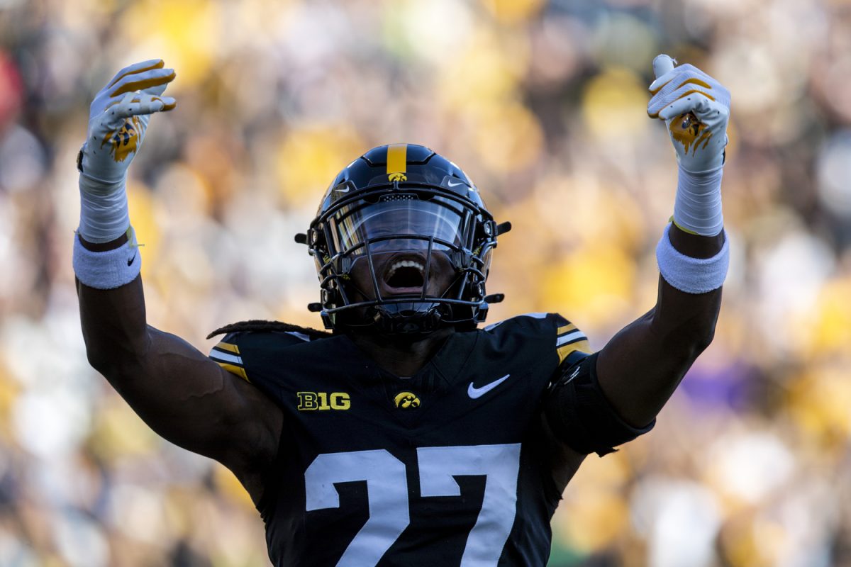 Iowa defensive back Jermari Harris celebrates following a safety during a football game between Iowa and Northwestern at Kinnick Stadium on Saturday, Oct. 26, 2024. Following the first half the Hawkeyes lead the Wildcats, 12-7. (Cody Blissett/The Daily Iowan)