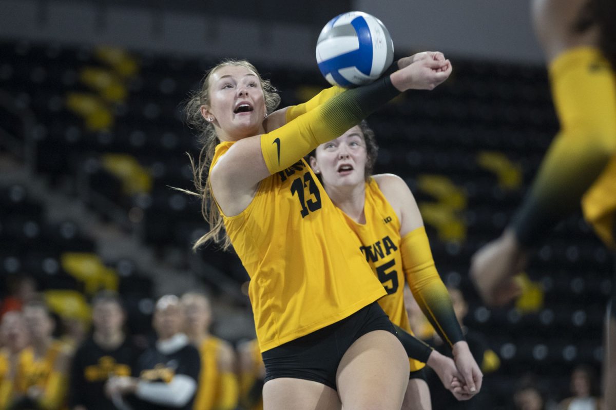 Jaimie Marquardt fights off a serve during an Iowa Women’s Volleyball match at Xtreme Arena in Coralville on Sunday, Oct. 27, 2024. The Fighting Illini defeated the Hawkeyes 3-1, 25-21, 25-21, 25-27, and 25-13.