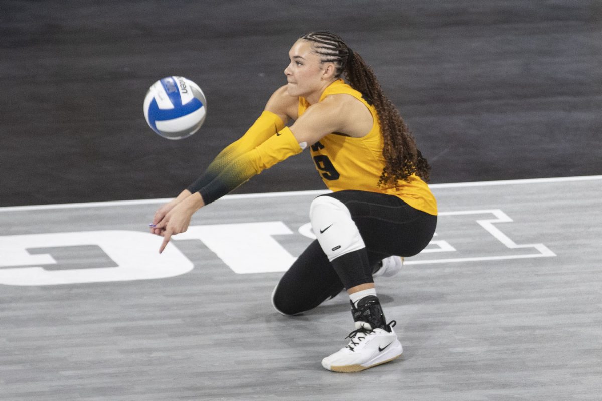 Alyssa Worden digs the ball during an Iowa Women’s Volleyball match at Xtreme Arena in Coralville on Sunday, Oct. 27, 2024. The Fighting Illini defeated the Hawkeyes 3-1, 25-21, 25-21, 25-27, and 25-13.