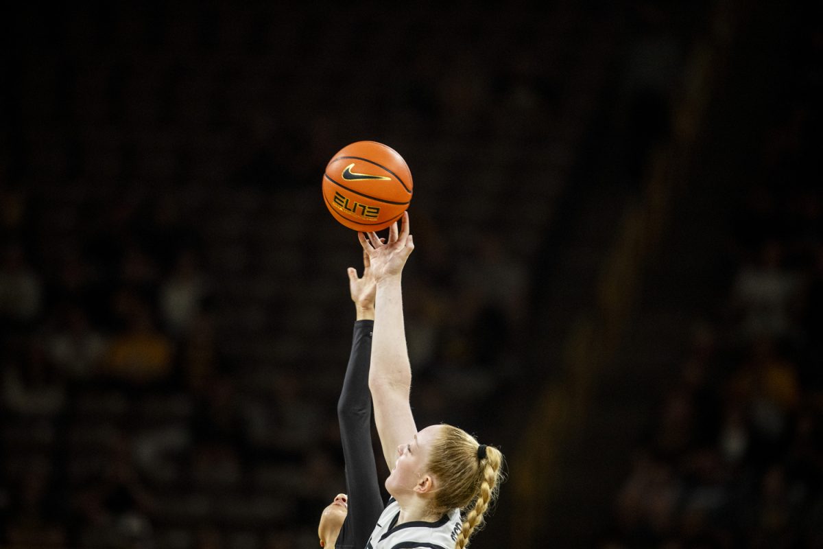 Iowa forward Addison O'Grady gets the jump ball during a women’s basketball game between Iowa and Missouri Western State at Carver-Hawkeye Arena in Iowa City on Wednesday, Oct. 30, 2024. The Hawkeyes defeated the Griffons 110-55.