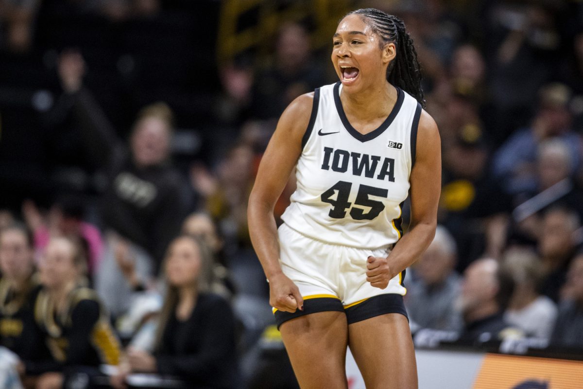 Iowa forward Hannah Stuelke celebrates during a women’s basketball game between Iowa and Missouri Western State at Carver-Hawkeye Arena in Iowa City on Wednesday, Oct. 30, 2024. Stuelke had 18 points and five rebounds. The Hawkeyes defeated the Griffons 110-55.